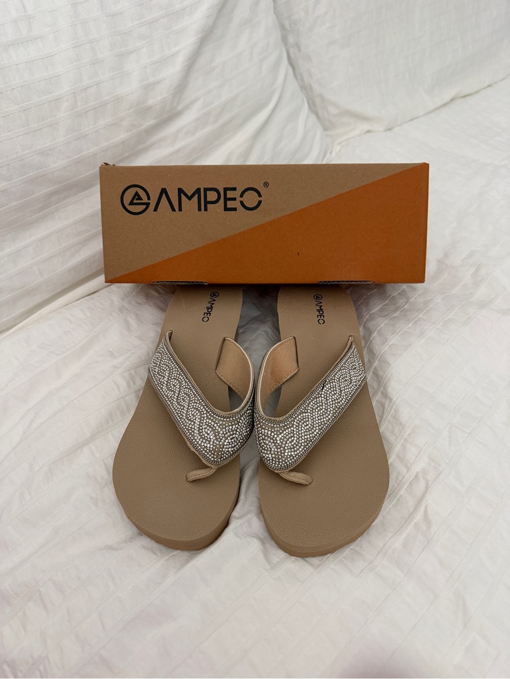 Brand New Rhinestone-Trim Tan Toe-Post Sandals